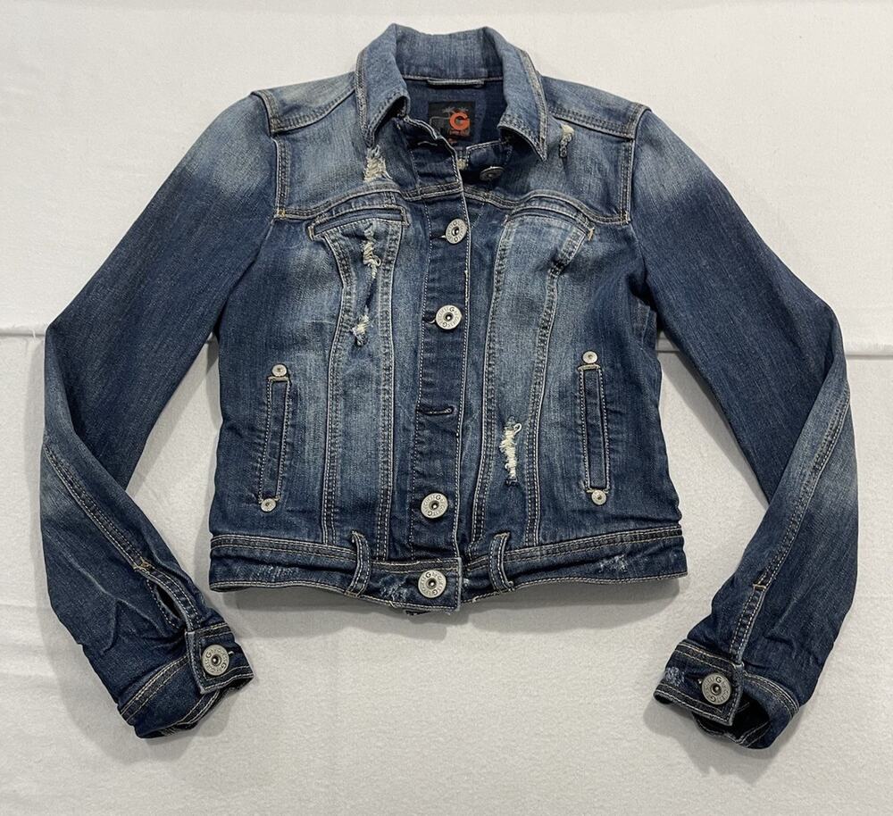 G by Guess Women's Medium Blue Denim Motorcycle Bomber Jacket Pockets